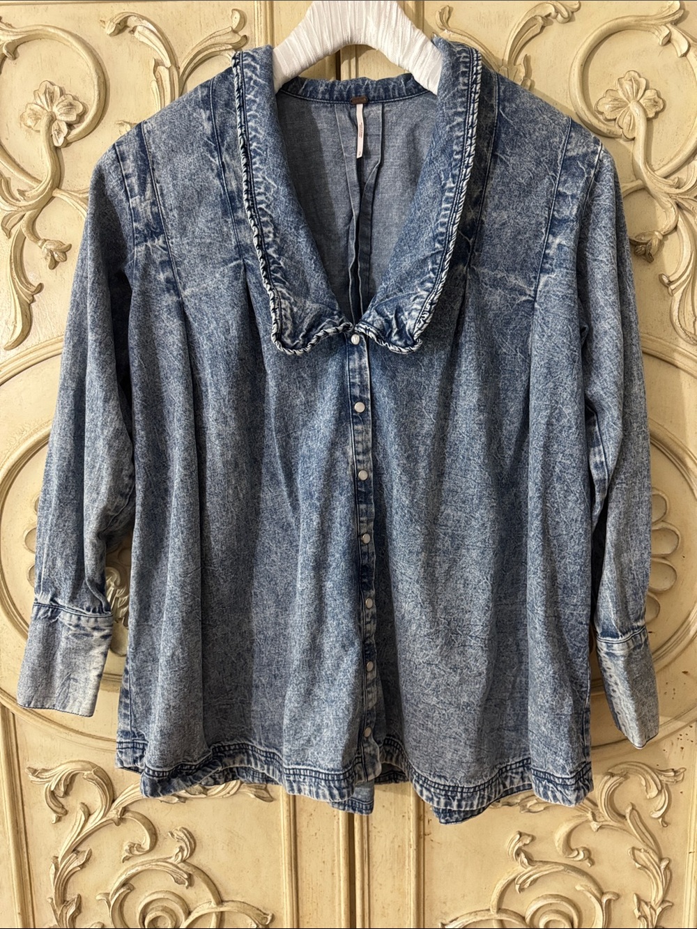 Free People Ruffle Collar Denim Swing Blouse - Lightest Indigo Blue SZ Amall